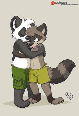 anthro black_body black_fur brown_body brown_fur clothed clothing duo eyes_closed fur glistening glistening_eyes grey_background hug logo male male_anthro navel one_eye_closed open_mouth open_smile patreon_logo simple_background smile standing text topless white_body white_fur young young_anthro young_male pandapaco patreon parinton bear giant_panda mammal procyonid raccoon artist_logo signature url