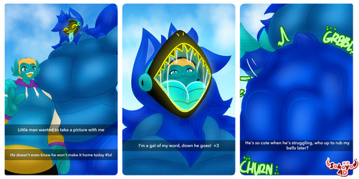 4_fingers anthro belly belly_slap big_belly big_breasts blonde_hair blue_body blue_eyes blue_fur blue_hair blue_skin bodily_fluids breasts claws clothed clothing comic_panel cybernetics female fingers forced fur hair hand_on_shoulder hoodie huge_belly long_tail machine male onomatopoeia open_mouth prey_outline protogen_visor saliva saliva_on_tongue same_size_vore simple_background size_difference slap sound_effects tail text topwear unwilling_prey vore vore_sequence willing_prey yellow_eyes sokoyo_owo snapchat starry_(sokoyo_owo) amphibian aquatic axolotl canid canine cyborg mammal mole_salamander protogen salamander absurd_res comic english_text hi_res