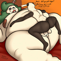 anthro balls belly big_belly big_breasts breasts duo ear_piercing ear_ring female from_front_position gem genitals green_hair hair huge_belly jewelry larger_female larger_penetrated lipstick lying lying_on_another lying_on_partner makeup male male/female navel necklace nipples obese on_bottom overweight overweight_female pearl_(gem) pearl_necklace penetration penile penile_penetration penis penis_in_vagina piercing ring_piercing sex size_difference smaller_male smile spreading stretch_marks text vaginal vaginal_penetration vulva oystercatcher7 mario_bros nintendo super_mario_odyssey broodal madame_broode stiban_(character) bear giant_panda lagomorph leporid mammal rabbit 1:1 2024 absurd_res english_text hi_res signature