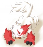 all_fours ambiguous_gender bodily_fluids claws fangs fur looking_at_viewer markings open_mouth red_eyes red_markings simple_background solo tail tears teeth white_background white_body white_fur mitei mti777 nintendo pokemon generation_3_pokemon pokemon_(species) zangoose