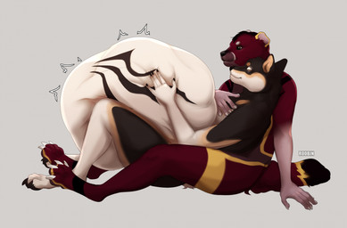 anthro belly big_belly black_body black_fur black_markings duo eyes_closed fur glistening glistening_eyes green_eyes hug huge_belly male male_anthro markings mouth_closed nude red_body red_fur side_view sitting tan_markings text vore white_body white_fur yellow_markings roobin laxim_(laximate) nero_the_shiba canid canine canis domestic_dog mammal mink mustelid musteline shiba_inu spitz true_musteline artist_name hi_res