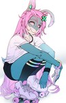 accessory anthro bottomwear clothing female footwear hair heart_eyes heart_symbol looking_at_viewer pink_eyes pink_hair pink_nose shirt shorts skate_shoes socks solo t-shirt topwear pinkerie erie lagomorph leporid mammal rabbit 2023 hi_res