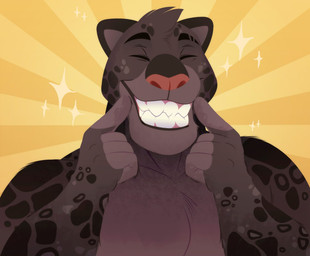 4_fingers anthro big_teeth black_eyebrows black_markings eyebrows eyes_closed fingers fur grey_body grey_fur happy head_tuft male markings nude pecs pink_nose smile solo spots spotted_body spotted_fur teeth_showing tuft thediyemi felid mammal pantherine colored digital_drawing_(artwork) digital_media_(artwork) hi_res shaded