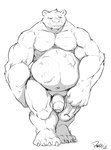 anthro belly big_belly claws foreskin genitals male mature_male musclegut muscular navel nipples penis prey_outline smile smirk solo teeth_showing vore pandottermon bear mammal 2023 artist_name black_and_white hi_res monochrome signature