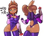 anthro armor big_breasts blue_eyes bodysuit breasts brown_body brown_fur brown_hair butt character_request clothing female fur futuristic gloves gun hair handwear hi_res holding_object holding_weapon jet_pack latex legwear looking_back ponytail purple_bodysuit purple_clothing purple_skinsuit ranged_weapon simple_background skinsuit smile solo spandex tail text thigh_highs tight_clothing translated weapon white_background zaku_draw