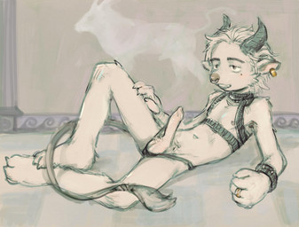 anthro balls black_clothing black_horn black_underwear bracelet clothing ear_piercing ear_ring erection facial_piercing fur genitals gold_(metal) gold_ear_ring gold_ring hair horn jewelry lying_on_ground male mole_under_eye nipple_piercing nipples nose_piercing nose_ring on_ground penis piercing pubes ring_piercing solo spiked_bracelet spikes underwear white_body white_fur white_hair young shinni bovid bovine cattle mammal hi_res