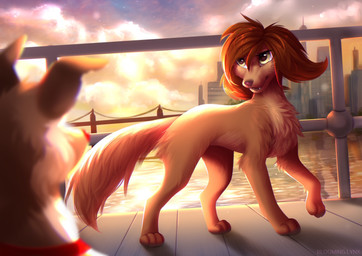 ambiguous_gender blurred_foreground bridge brown_hair building chest_tuft duo eyelashes fangs female feral fur glistening glistening_eyes hair leg_tuft open_mouth orange_body orange_fur outside quadruped side_view sky sunset tan_body tan_fur teeth text tuft yellow_eyes bloominglynx 2023 artist_name digital_media_(artwork) digital_painting_(artwork) hi_res painting_(artwork)
