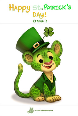 ambiguous_gender beady_eyes black_eyes clothed clothing clover_(plant) clover_leaf fangs feral four_leaf_clover fur green_body green_fur hat headgear headwear holidays humor leaf open_mouth plant pun simple_background smile solo tan_body tan_fur teeth text top_hat visual_pun white_background piper_thibodeau st._patrick's_day felid leopard mammal pantherine digital_media_(artwork) digital_painting_(artwork) english_text painting_(artwork) url