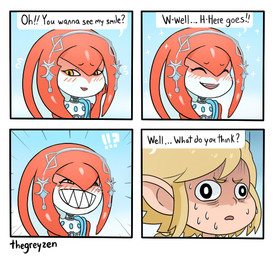 base_two_layout blonde_hair blush bodily_fluids dialogue duo eyes_closed female four_frame_image grid_layout grin hair humor interrobang jewelry male scared sharp_teeth smile speech_bubble sweat teeth text two_row_layout yellow_eyes thegreyzen breath_of_the_wild nintendo the_legend_of_zelda link mipha animal_humanoid aquatic aquatic_humanoid fish fish_humanoid humanoid hylian zora 4koma comic english_text