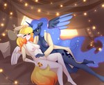 anthro anthro_on_anthro anthrofied barely_visible_genitalia barely_visible_pussy bed blonde_hair blue_body blue_feathers breast_size_difference breasts canon_x_oc chest_tuft clothed clothing cosmic_hair cutie_mark duo ethereal_hair eyes_closed feathered_wings feathers female female/female furniture genitals hair horn long_hair lying mostly_nude nipples on_back on_bed open_clothing open_shirt open_topwear pussy shirt smile topwear tuft white_body wings xjenn9 friendship_is_magic hasbro my_little_pony mythology fan_character princess_luna_(mlp) starfyre_(oc) equid equine mammal mythological_creature mythological_equine pegasus winged_unicorn hi_res