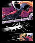 2023 4:5 arthropod black_body cloak clothed clothing comic detailed_background digital_drawing_(artwork) digital_media_(artwork) female hi_res hollow_knight hornet_(hollow_knight) humanoid jellli looking_at_viewer motion_lines outstretched_arm plant red_cloak red_clothing rock shaded solo team_cherry tentacle_grab tentacles tentacles_around_arms the_infection_(hollow_knight) weapon