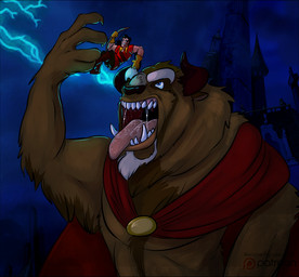 anthro bodily_fluids brown_body brown_fur cape clothing duo fur horn imminent_vore macro male micro open_mouth oral_vore saliva saliva_string sharp_teeth size_difference teeth tongue tongue_out vore finalroar beauty_and_the_beast disney beast_(disney) gaston human mammal