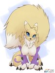 all_fours anthro arm_warmers armwear big_breasts big_tail breasts clothing excessive_fluff female fluffy fluffy_tail fur huge_tail looking_at_viewer solo tail yellow_body yellow_fur yin_yang leongon bandai_namco digimon canid digimon_(species) mammal renamon 2020 3:4 digital_media_(artwork) hi_res