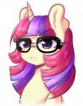 eyewear female feral glasses hair horn long_hair multicolored_hair purple_eyes simple_background solo two_tone_hair white_background fluffymaiden friendship_is_magic hasbro my_little_pony mythology moondancer_(mlp) equid equine mammal mythological_creature mythological_equine unicorn 2017 bust_portrait hi_res portrait