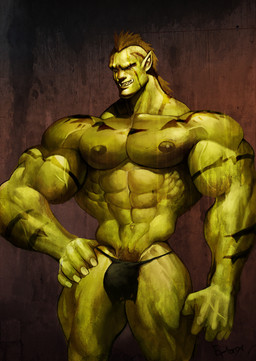 bulge clothed clothing green_body green_skin humanoid_pointy_ears male mohawk muscular muscular_humanoid muscular_male not_furry pointy_ears solo tattoo thong tusks underwear ephorox humanoid orc