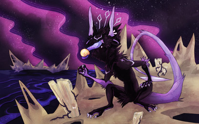 ambiguous_gender anthro big_fangs black_claws claws crouching eyeball fangs fur hair lake night open_mouth orb outside purple_background rock sea simple_background sitting solo star tail teeth tongue water vaalravn cccat hi_res