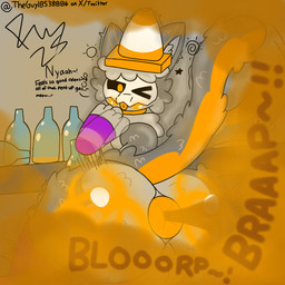 anthro anus balls big_butt biohazard_symbol blep blush bodily_fluids brown_fart_cloud butt drunk fanning_nose fart fart_cloud fart_fetish femboy fur genitals glistening glistening_butt grey_body hair hazard_symbol huge_butt male nude one_eye_closed orange_body orange_fur simple_background solo substance_intoxication symbol tail text tongue tongue_out traffic_cone wink freewaythecat freeway_(freewaythecat) domestic_cat felid feline felis mammal 1:1 digital_media_(artwork) hi_res