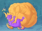 abdominal_bulge anthro anthro_prey belly big_belly body_outline feral feral_pred horn huge_belly hyper hyper_belly imprint larger_prey lying male male_pred on_back purple_body purple_scales rumbling_stomach scales smaller_pred soft_vore tail tongue tongue_out vore yellow_body yellow_scales blitzit activision european_mythology mythology spyro_the_dragon blitzit_(character) sparx spyro dragon mythological_creature mythological_scalie scalie western_dragon 2024 hi_res signature