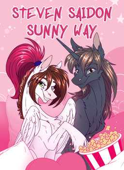 duo feathers female female_feral feral fluffy fluffy_chest food fur horn male male_feral pillow popcorn quadruped smile wings sunny_way hasbro my_little_pony mythology steven_saidon sunny_way_(character) equid equine mammal mythological_creature mythological_equine pegasus unicorn hi_res