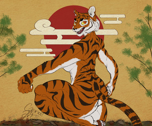 4_toes 5_fingers anthro big_butt black_body black_fur black_nose breasts butt cloud countershading feet female fingers fur muscular muscular_female open_mouth orange_body orange_eyes orange_fur pawpads rear_view solo sun teeth thick_thighs toes white_body white_fur wide_hips yellow_sclera caprice_art dreamworks kung_fu_panda master_tigress felid mammal pantherine tiger 2022 6:5 absurd_res colored digital_drawing_(artwork) digital_media_(artwork) hi_res