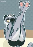 3_toes anthro barefoot bottomwear clothing distracted feet female fur grey_body grey_fur legs_up lounging pawpads paws pink_pawpads relaxing shorts side_eye soles solo spots toes yellow_eyes ouchlucas felid mammal pantherine snow_leopard absurd_res hi_res