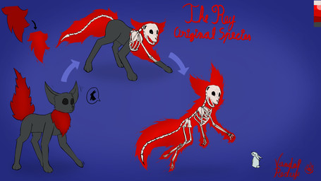 ambiguous_gender big_ears black_body black_fur blue_background bone dark_body dark_fur duo fangs feral fire fluffy fur glowing hunting neck_tuft night open_mouth pointy_ears red_body red_eyes red_fur sharp_teeth simple_background skeleton smile teeth tuft vandalredeye canid canine lagomorph leporid mammal rabbit rey_(species) 16:9 hi_res widescreen