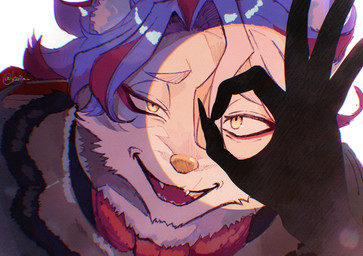 anthro clothing fire fur gloves hair handwear looking_at_viewer male multicolored_body multicolored_fur open_mouth smile smiling_at_viewer solo topwear two_tone_body two_tone_fur yellow_eyes koiu compass_(combat_providence_analysis_system) charles_richter_(compass) canid canine canis mammal wolf 2026 absurd_res hi_res