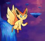 2_toes 3_fingers ambiguous_gender blue_eyes butt_wings feet fingers flying fur smile solo tan_body tan_fur toes unusual_wing_placement waterfall wings anamatronicfish nintendo pokemon generation_5_pokemon legendary_pokemon pokemon_(species) victini 2016 digital_drawing_(artwork) digital_media_(artwork) hi_res