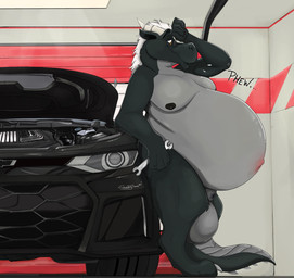 animal_genitalia anthro balls belly big_balls big_belly breath car engine exhausted fully_sheathed garage genitals huge_balls huge_belly hyper hyper_balls hyper_belly hyper_genitalia hyper_pregnancy leaning_on_car leaning_on_object male navel outie_navel overweight overweight_male pregnant pregnant_anthro pregnant_male sheath solo vehicle wiping_forehead sheppyduke chevrolet chevrolet_camaro european_mythology mythology kyle_ripply dragon mythological_creature mythological_scalie scalie western_dragon absurd_res hi_res