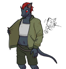 4_fingers ambiguous_gender anthro black_body bottomwear claws clothing dirty dirty_clothing duo fingers gesture hair hand_gesture jacket looking_at_self male midriff red_eyes red_hair scarf shirt shorts simple_background standing tail tank_top tapering_tail thumbs_up topwear white_background skalamari project_silverfish the_castaway_(project_silverfish) the_wanderer_(project_silverfish) inheritor lizard reptile scalie 2026 hi_res signature