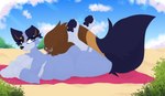 absurd_res anthro australian_cattle_dog beach belly big_belly big_breasts big_butt blue_body blue_eyes blue_fur bluey_(series) breasts brown_body brown_fur butt canid canine canis cattledog cheek_tuft cloud crossed_arms crossgender detailed detailed_background domestic_dog ears_up facial_tuft female floppy_ears fluffy fluffy_tail fur head_tuft herding_dog hi_res mammal markings multicolored_body multicolored_fur on_ground pastoral_dog pawpads paws plant relaxing sand shrub sky skyscape slightly_chubby slightly_chubby_anthro slightly_chubby_female smile smiling_at_viewer solo stripe_heeler striped_markings stripes sunbathing tail towel tsukipaw tuft