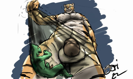 anthro balls black_text blue_background clothing duo erection fur genitals green_body humanoid_genitalia humanoid_penis inside_clothing macro male male/male micro micro_abuse micro_in_underwear muscular navel nipples nude open_mouth orange_body orange_fur penis simple_background text translucent translucent_clothing translucent_underwear trapped_in_clothing trapped_in_underwear underwear white_background jeri_kleinlowe chameleon felid lizard mammal pantherine reptile scalie tiger 2022 5:3 colored signature