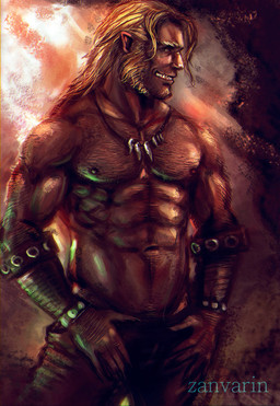 abs athletic barazoku biceps body_hair chest_hair clothed clothing facial_hair grin hair hairy humanoid_pointy_ears male muscular muscular_male nipples not_furry pecs pointy_ears sideburns smile solo standing teeth topless vein zanvarin humanoid orc