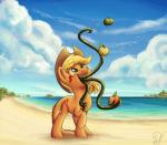 apple beach blonde_hair clothing cloud cutie_mark detailed_background female feral food fruit fur green_eyes hair hat headgear headwear juggling orange_body orange_fur outside plant sand sea seaside sky solo standing tentacles water pirill-poveniy friendship_is_magic hasbro my_little_pony applejack_(mlp) earth_pony equid equine horse mammal pony tatzlpony tatzlwurm 2014 absurd_res hi_res