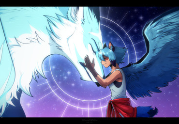 5_fingers anthro black_bars black_hair black_nose blue_body blue_fur blue_hair brown_body brown_fur clothed clothing duo eyes_closed female feral fingers fluffy fluffy_tail foreheads_touching fur hair heads_together hug male multicolored_hair smile tail topwear wings solutarou brand_new_animal studio_trigger michiru_kagemori shirou_ogami canid canine canis mammal raccoon_dog tanuki wolf hi_res letterbox