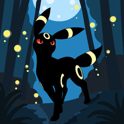 ambiguous_gender black_body black_eyes black_fur black_nose circle_(marking) feral forest fur grass markings moon multicolored_body multicolored_fur outside plant red_sclera shrub sky solo tree yellow_body yellow_fur yellow_markings noye nintendo pokemon arthropod beetle eeveelution elateroid firefly generation_2_pokemon insect pokemon_(species) umbreon 1:1 2025 hi_res