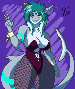 anthro athletic bare_shoulders biceps big_breasts blue_body blue_lips breasts bubble bunny_costume cleavage clothed clothing costume curvy_figure drunk drunk_bubble ear_piercing eyebrows eyelashes female fin fishnet_clothing fishnet_legwear hair handwear huge_breasts legwear leotard lips lipstick makeup muscular navel non-mammal_breasts open_mouth piercing plunging_neckline shark_tail simple_background smile solo substance_intoxication teeth thick_thighs voluptuous wide_hips haibet okula_(haibet) aquatic fish shark 2021 digital_media_(artwork)