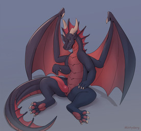 animal_genitalia black_body blue_background countershade_neck countershade_tail countershade_torso countershading erection feral frill_(anatomy) genital_slit genitals horn looking_at_viewer male male_feral membrane_(anatomy) membranous_wings penis red_body red_penis simple_background sitting solo tail tapering_penis wings mintyderg mythology dragon mythological_creature mythological_scalie scalie 2023 absurd_res hi_res