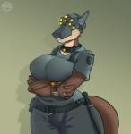 antennae_(anatomy) anthro armor bald belt big_breasts big_butt breast_squish breasts butt clock clothed clothing collar crossed_arms female gradient_background headgear helmet horn lips machine multi_eye non-mammal_breasts police police_baton security security_guard simple_background solo squish tattoo thick_lips thick_thighs three-quarter_view tight_clothing uniform utility_belt watch wide_hips rawgreen kendra_(beyxer) android reptile robot scalie trenco 2018 digital_media_(artwork) hi_res portrait three-quarter_portrait