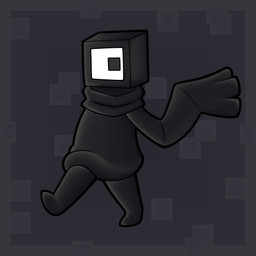 1_eye abstract_background ambiguous_gender armless big_eyes biped black_body clothed clothed_ambiguous clothed_humanoid clothing featureless_feet feet for_a_head front_view grey_background looking_at_viewer mouthless scarf simple_background solo square_(anatomy) square_head three-quarter_view walking summerfruit cube_(vexedcalyx) humanoid object_head 1:1 2026 absurd_res digital_drawing_(artwork) digital_media_(artwork) gimp_(artwork) hi_res shaded soft_shading