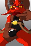 anthro bulge cigar clothing cowboy_hat gesture hand_gesture hat headgear headwear holding_bulge kerchief male middle_finger solo taunting yellow_eyes macro710 kings_of_hell gremile_'hotshot' demon imp 2022 hi_res