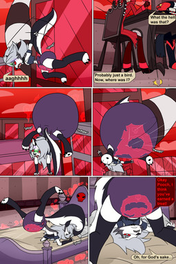 bed building collar diaper diaper_inflation floating furniture ill nausea permanent red_sclera tail text yellow_sclera wolfpuppy21 hazbin_hotel hellaverse helluva_boss mythology alastor_(hazbin_hotel) blitzo_(helluva_boss) loona_(helluva_boss) canid canid_demon canine demon hellhound imp mammal mythological_canine mythological_creature 2:3 comic english_text hi_res