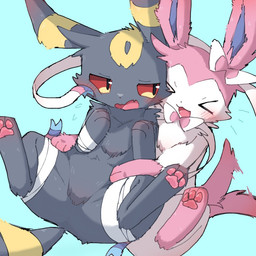 ambiguous_gender bdsm blush blush_lines bondage bound bow_(anatomy) duo embarrassed eyes_closed fangs featureless_crotch feral fur grey_body grey_fur happy hug markings open_mouth pawpads paws pink_body pink_fur posessive red_eyes ribbons_(anatomy) ring_(marking) simple_background spread_legs spreading tail tail_motion tailwag teeth tongue white_body white_fur k_mono nintendo pokemon eeveelution generation_2_pokemon generation_6_pokemon pokemon_(species) sylveon umbreon 2025