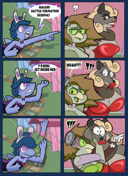 anthro bodily_fluids bow_tie bra bunny_costume clothed clothed_anthro clothed_male clothing costume dialogue dress exclamation_point fake_ears fake_rabbit_ears female fin fully_clothed fully_clothed_anthro fully_clothed_male green_sclera group hand_in_mouth lipstick makeup male onomatopoeia partially_clothed_female question_mark shark_fin sharp_teeth shoving_hand_in_mouth sound_effects speech_bubble superhero supervillain sweat teeth text trio underwear squiddy62 mrs._mergo thunder_thresh_(squiddy62) wanda_wolf_(squiddy62) aquatic avian bird canid canine canis fish mammal shark undead wolf zombie absurd_res alpha_channel comic english_text hi_res nonbinary_(lore)