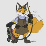 eyewear eyewear_on_head goggles goggles_on_head male mechanic multi_tail tail welding_goggles welding_torch run_rabbit_bounce canid canine fox mammal