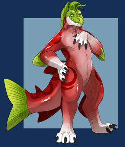 anthro arm_markings black_claws claws digitigrade featureless_crotch forked_tail gills glistening glistening_eyes gradient_arms gradient_body green_body green_hair green_tail grey_body hair hand_on_chest leg_markings male markings narrowed_eyes nude red_body sharp_teeth shoulder_markings simple_background solo standing tail tail_markings teeth toe_claws unusual_anatomy unusual_tail yellow_eyes swampjaws aquatic fish salmon salmonid_(fish) digital_media_(artwork) hi_res