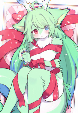ahoge anthro arm_under_breasts bent_legs blue_claws blue_eyes blush bound bow_(feature) breasts claws ears_down female female_anthro fur fur_tuft green_hair hair hands_tied heart_symbol heterochromia highlights_(coloring) horn knock-kneed long_hair medium_breasts multicolored_body multicolored_fur pivoted_ears red_eyes ribbon_only solo tail tuft two_tone_body two_tone_fur spommmm therianthrope hi_res