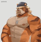 abs anthro armpit_hair barazoku beanie beard biceps blonde_hair body_hair clothing dog_tags facial_hair furgonomic_beanie grey_background hair hat headgear headwear male muscular muscular_anthro muscular_male pecs simple_background solo stripes shugggie felid mammal pantherine tiger 2024 hi_res