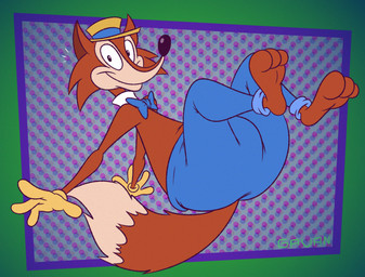 3_toes 4_fingers abstract_background anthro arched_back bent_leg bent_legs big_butt big_tail biped black_eyes black_nose blue_bottomwear blue_bow_tie blue_clothing blue_jeans blue_pants bottomwear bouncing bow_tie butt butt_from_the_front cheek_tuft clothed clothing curling_tail denim denim_bottomwear denim_clothing derby dipstick_tail dotted_background facial_tuft feet feet_up fingers fluffy fluffy_tail fur glance gloves hand_on_head hand_on_own_head handwear happy hat headgear headwear humanoid_feet humanoid_heel jeans knees_up legs_up lines_drawn looking_at_viewer male markings midair on_one_leg orange_body orange_fur pants pattern_background pear-shaped_figure plaid plantigrade pose shirt_collar simple_background smile smiling_at_viewer soles solo standing tail tail_markings tan_body tan_fur tan_tail_tip toes toony topless topless_anthro topless_male tuft white_sclera white_shirt_collar wide_hips yellow_clothing yellow_gloves yellow_handwear yellow_hat yellow_headwear gavanzude columbia_pictures the_fox_and_the_crow fauntleroy_fox canid canine fox mammal red_fox true_fox 2025 alternate_version_at_paywall colored digital_drawing_(artwork) digital_media_(artwork) flat_colors hi_res pinup signature