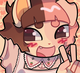 ambiguous_gender anthro black_hair blush brown_body brown_fur clothing cute_fangs dress fangs front_view fur gesture hair hand_gesture open_mouth pattern_background pink_clothing pink_dress pink_hair selfie simple_background solo teeth v_sign puraco canid canine canis domestic_dog mammal digital_media_(artwork)